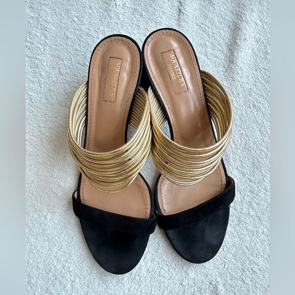 Aquazzura Rendez vous Sandals Black suede Gold strap size 38.5‎ US 8 heels - Picture 12 of 15
